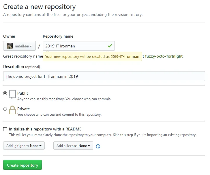 GitHub 建立 Repository 必須資訊