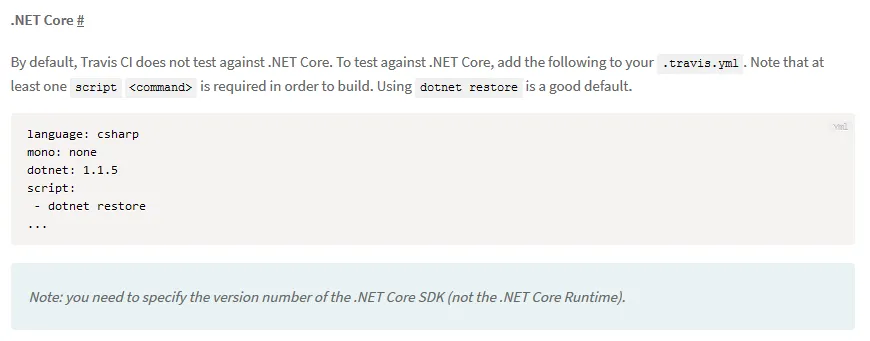 Travis CI Document 中 .NET core 設定方式